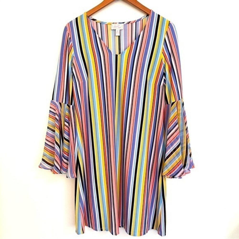 Ivy Road Hippie Multicolored Striped Dress Bell Sleeves Size Medium